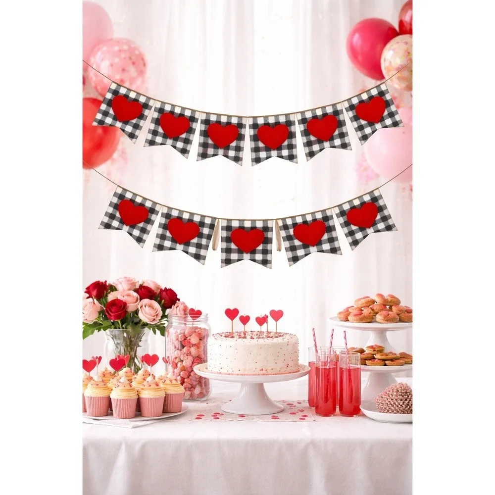 Valentine's Day Banner Red Felt Heart Garland White Black Buffalo Plaid Set of 2